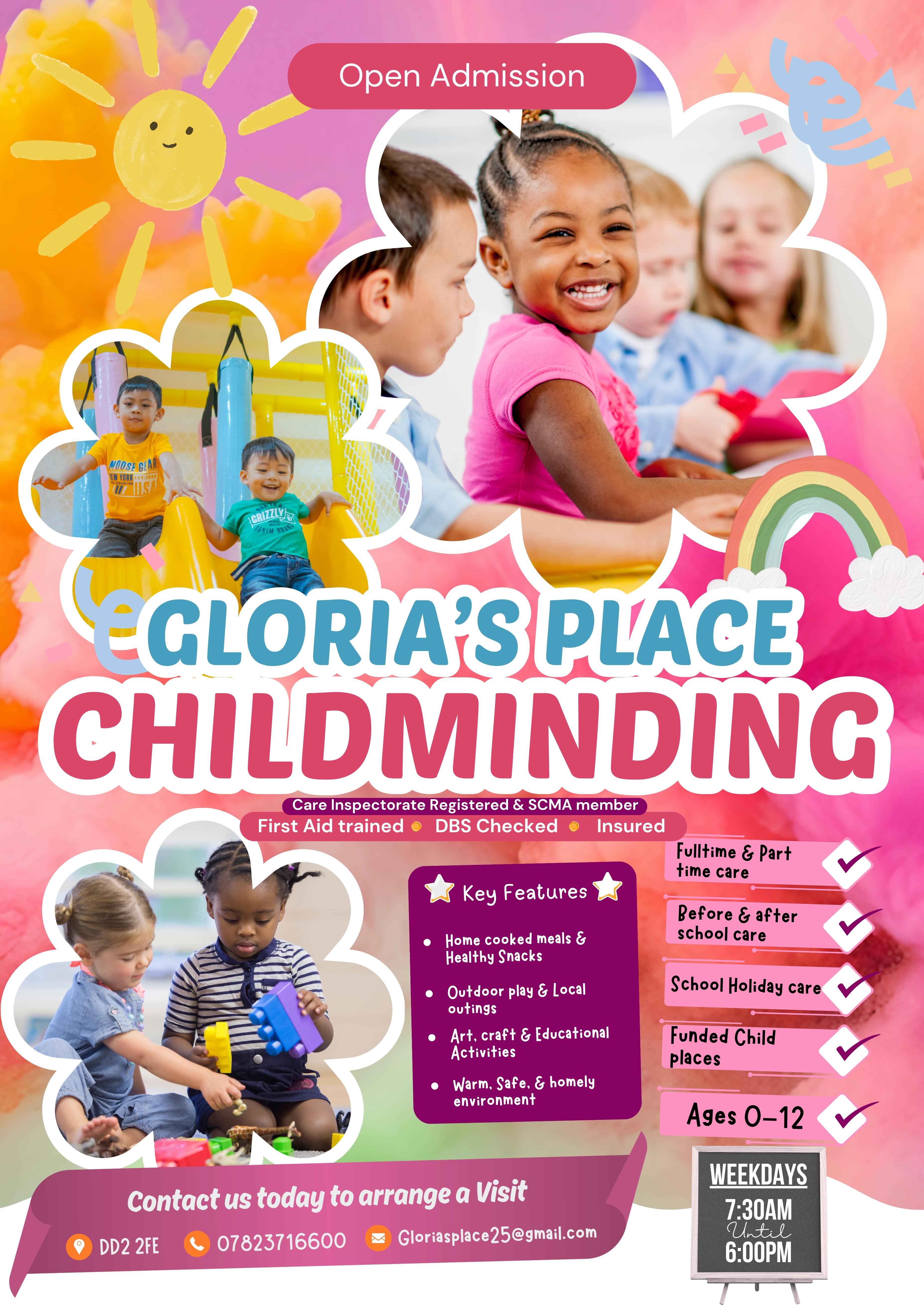 Gloria's Place Childminding flyer showing services and contact details